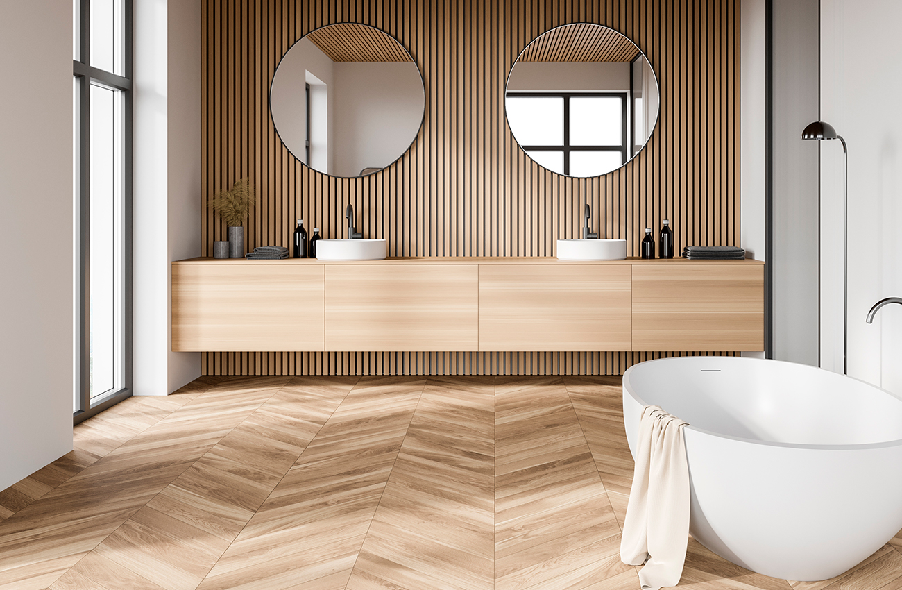 Salle de Bain salle d'eau avec finition en bois, lumineux avec baignoire minimaliste épuré dans le décor de la maison