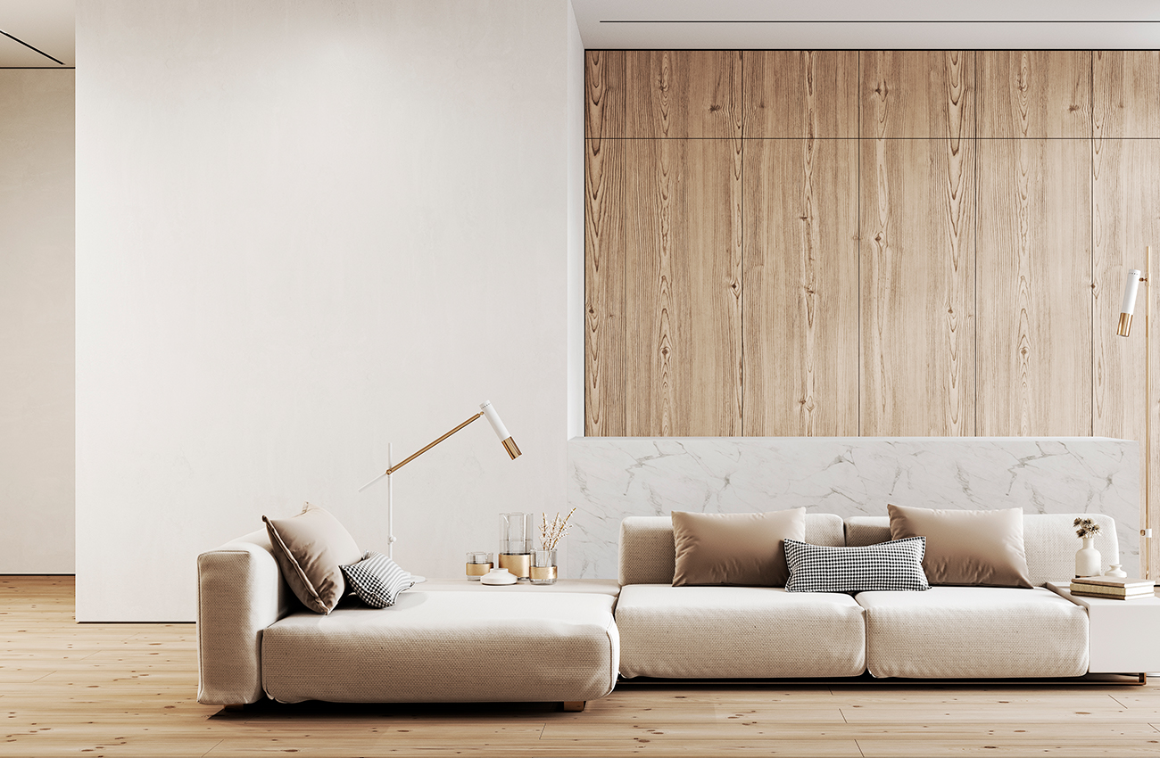 Salon pièce à vivre intérieur chaleureux monochrome beige et marron, avec canapé sofa beige et mur blanc et bois dans le décor de la maison